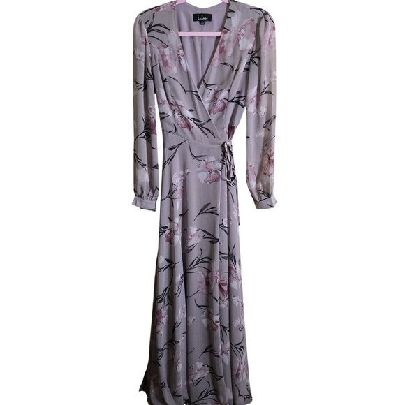 Lulus Loving You Dusty Purple Floral Maxi Wrap Dress Balloon Sheer Sleeve Size S - Picture 2 of 10